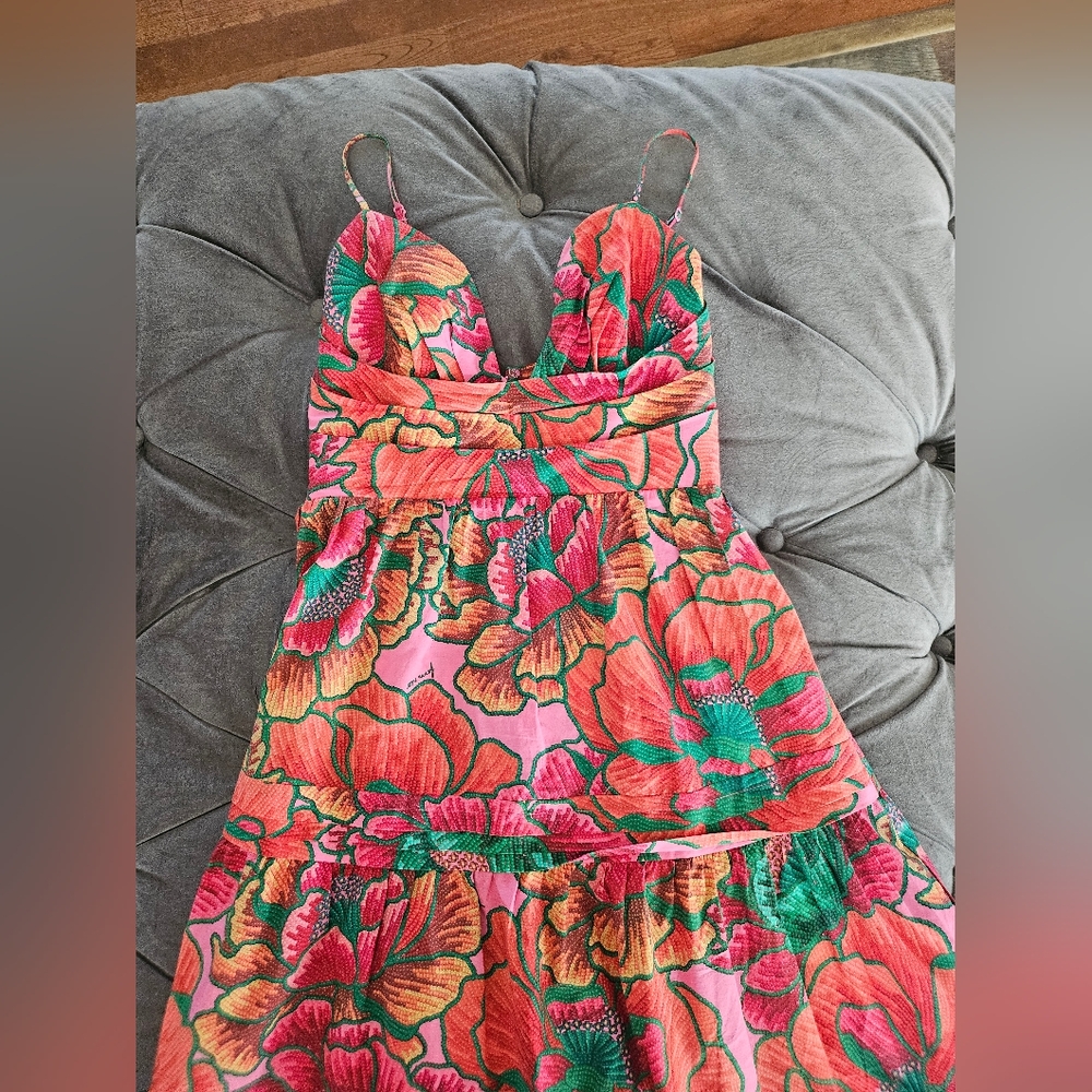FARM Rio Coral Pink Green Floral Maxi Dress